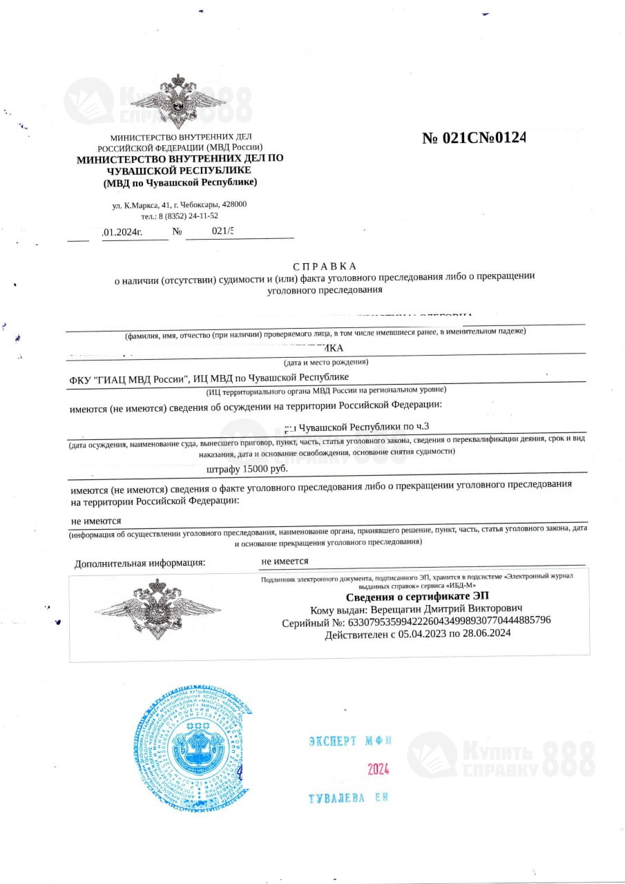 Справка о судимостях из МФЦ Чувашской Республики (2024 г.)